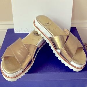 Stuart Weitzman Golden Leather Comfort Lift Slides